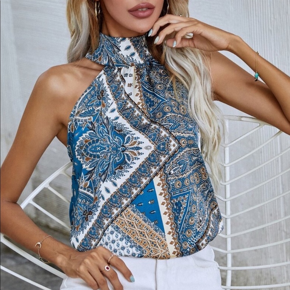 Boho Paisley Floral Print Satin Halter Tank Top Mint - Picture 3 of 14